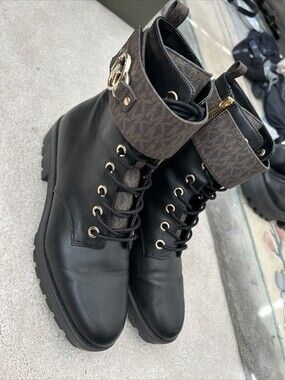 MICHAEL KORS Rory Black w/Brown MK Logo Trim Leather Combat Boot 11M WORN ONCE